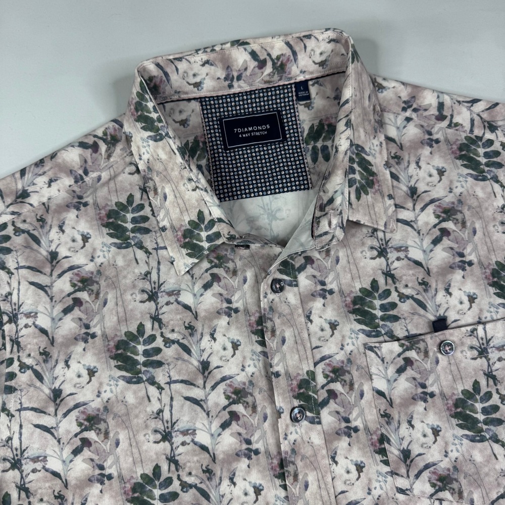 7Diamonds 4 Way Stretch Shirt Mens Large Gray Floral Short Sleeve